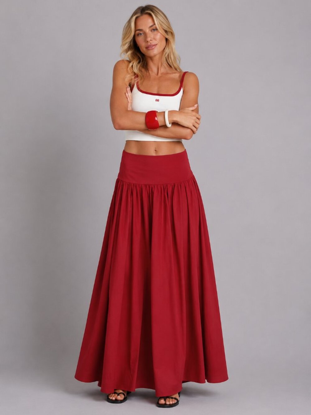 Women’s Red High Waist Pleated Maxi Skirt Flowy Boho Casual Long Skirt